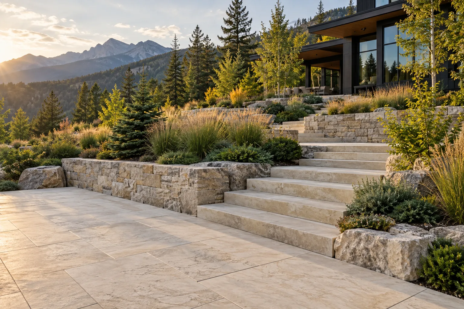 Illustrative finished landscape with stone patio, planting and outdoor living space